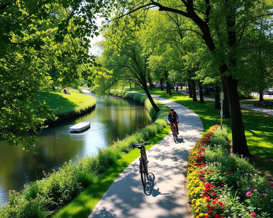 Stadsfietstocht door groene parken en langs waterwegen